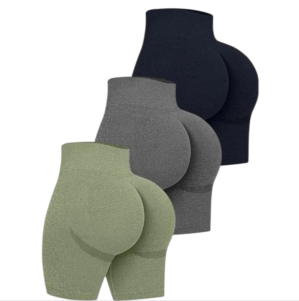 OQQ Seamless High-Waist Shaping Shorts - Black Gray Green Set Of 3 NEW